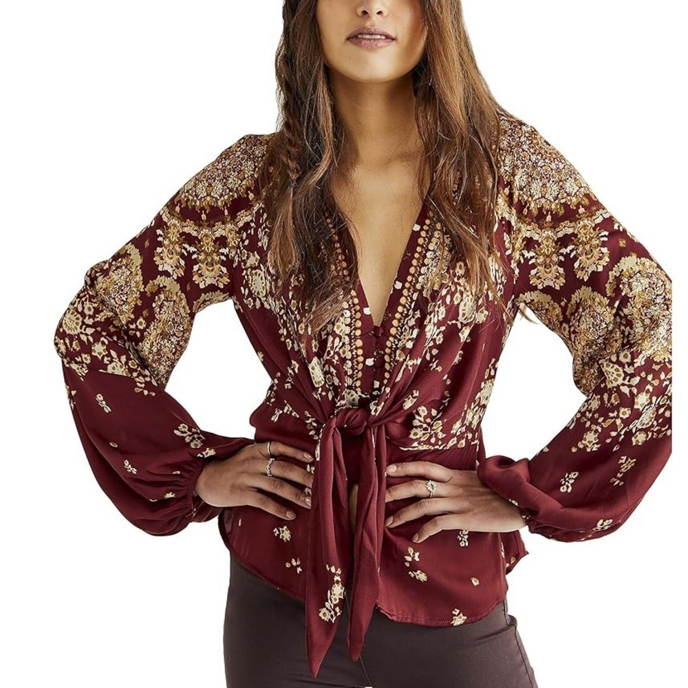 Free People Run Free Floral Tie-Front Blouse